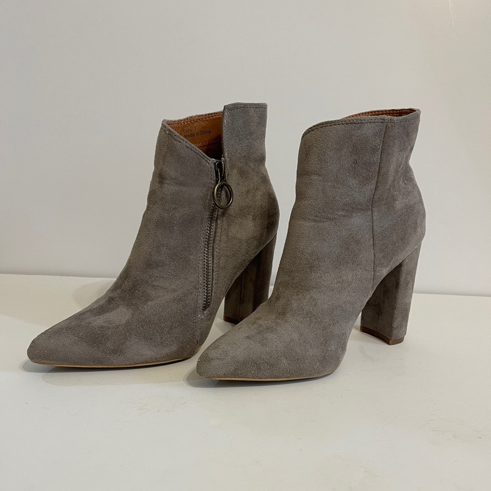 Grey suede angle cut zipper booties